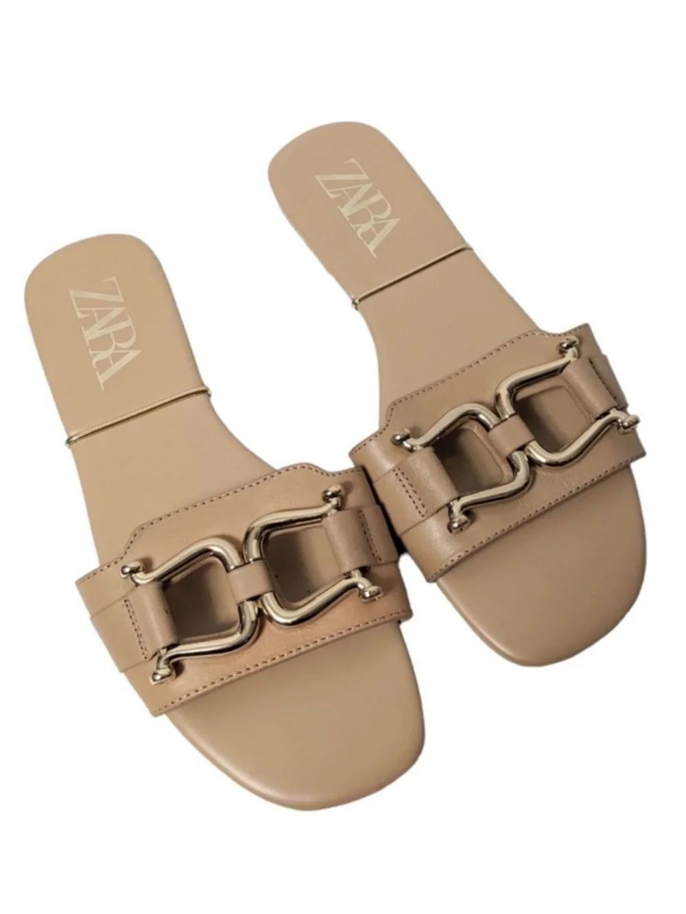 ZARA Leather Gold Saddle Hardware Flat Sandals 38